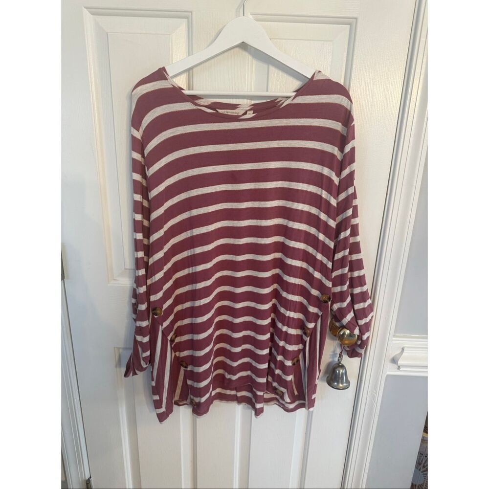 Soft Surroundings Purple & Gray Stripe Button Sleeve Tunic Top sz 3X EUC